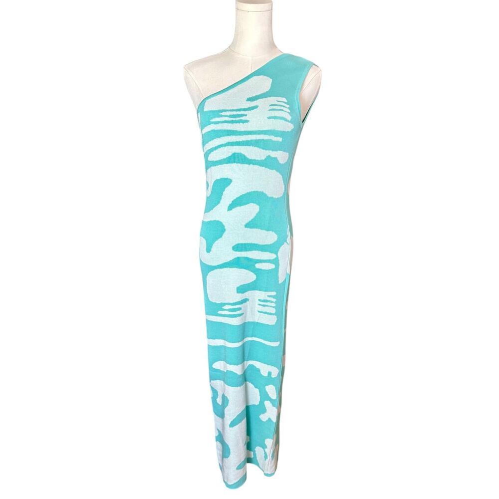 NWOT - Laqueen Aqua/White Bodycon Midi Dress - Size Large